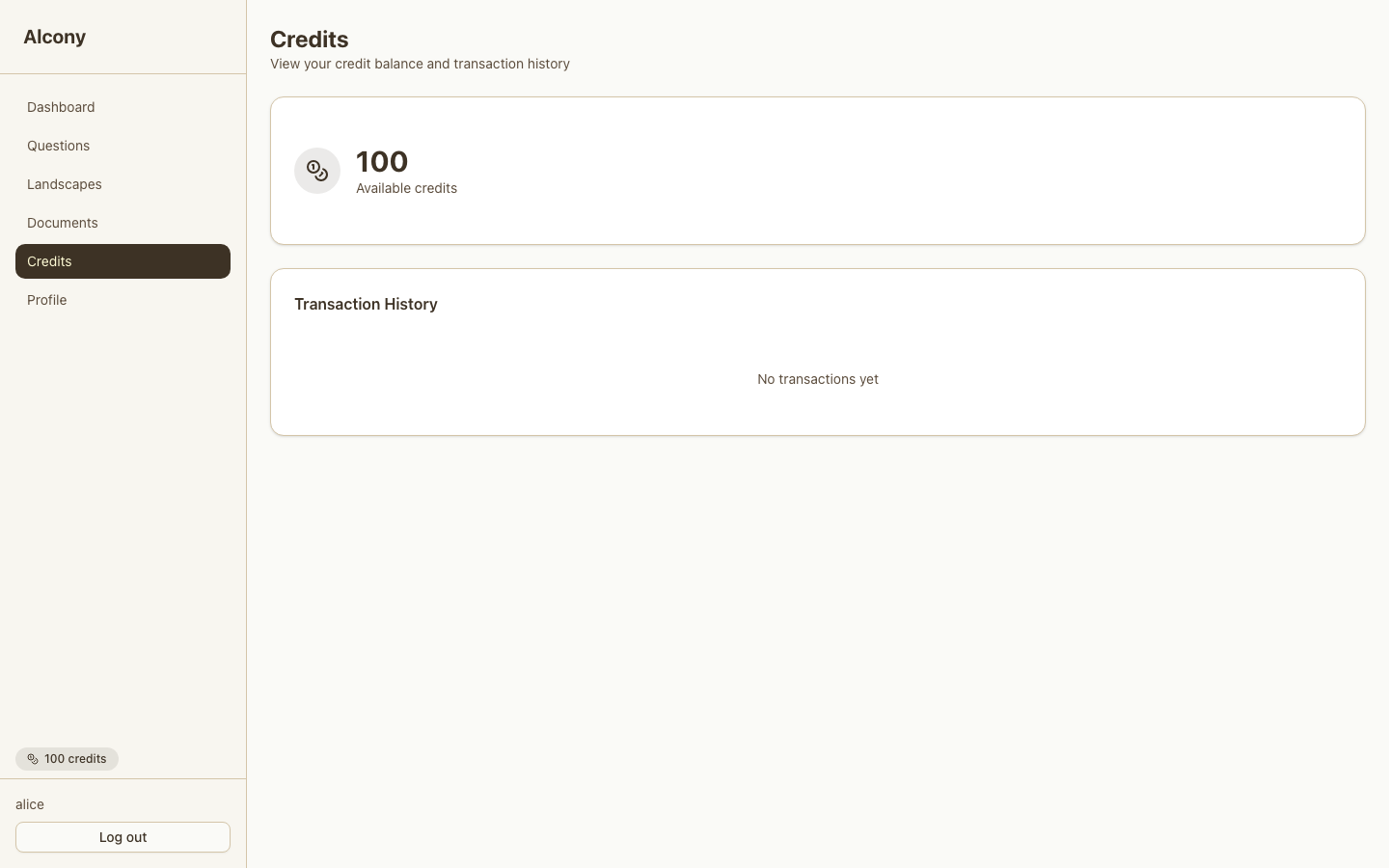 Credits balance and transaction history